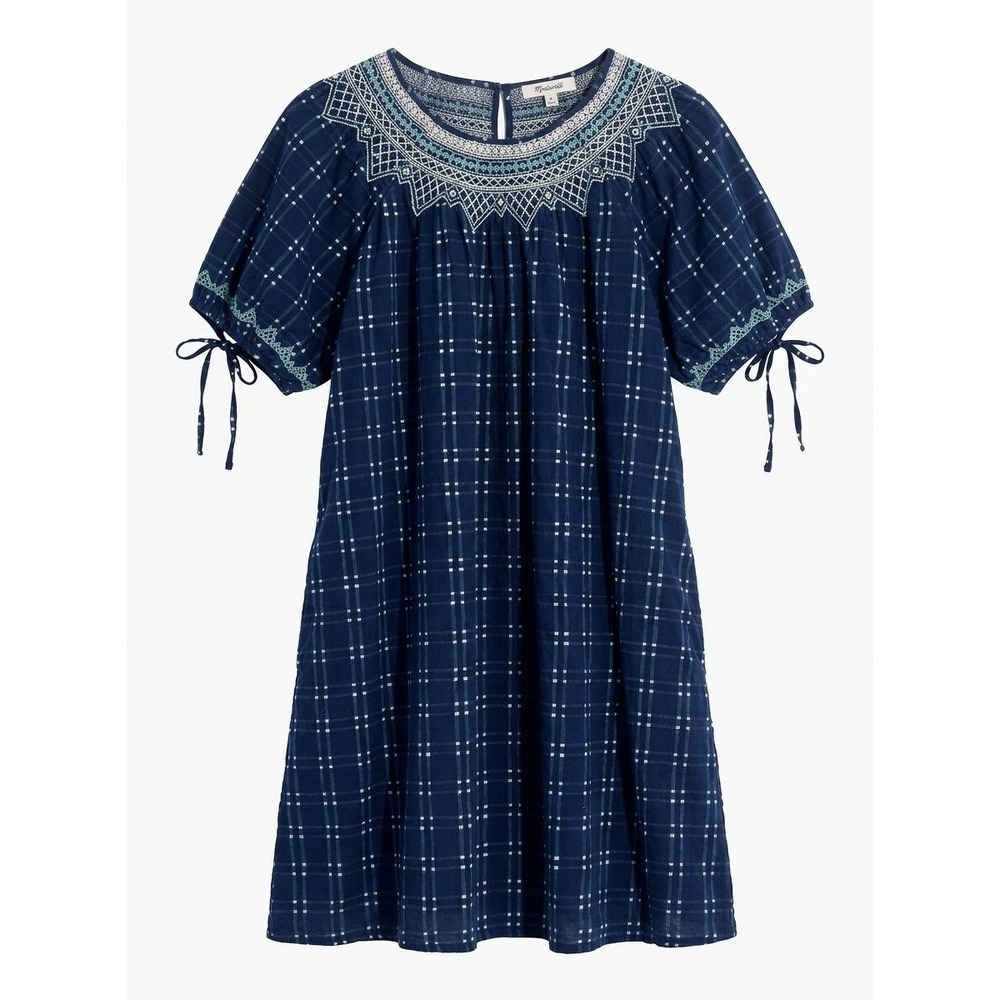 Madewell Embroidered Yoke Dress Women Large Blue Grid Smocked Puff Sleeve Cotton